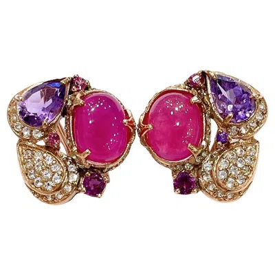 Pre-owned Bochic Capri Vintage 18k Gold & Silver Ruby, Amethyst & Topaz Earrings, 1999 In Purple