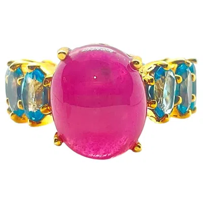 Pre-owned Bochic Capri Vintage 18k Gold & Silver Ruby Blue Topaz Ring, 1999
