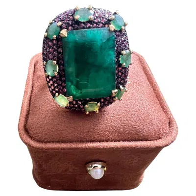 Pre-owned Bochic “capri” Vintage 20 Carat Emerald & Pink Sapphire Ring 18k Gold & Silver