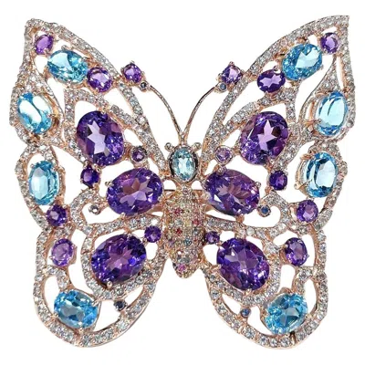 Pre-owned Bochic “capri” Vintage Amethyst & Blue Topaz Butterfly Ring - 18k Gold & Silver In Purple