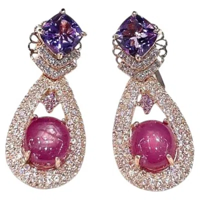 Pre-owned Bochic “capri” Vintage Amethyst, Ruby & Rose Cut Sapphire Earrings Set In In Red