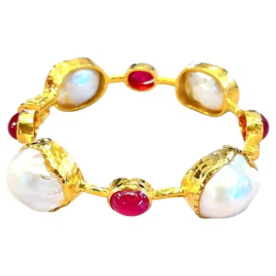 Pre-owned Bochic “capri” Vintage Baroque South Sea Pearl & Ruby 18k Gold & Silver Bangle In Multi
