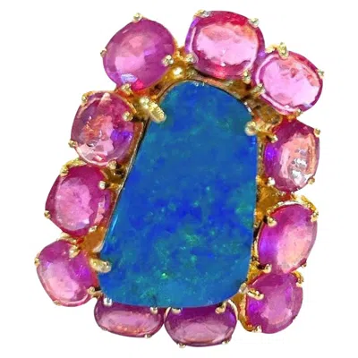 Pre-owned Bochic “capri” Vintage Blue Opal & Ruby Ring Set In 18k Gold & Silver