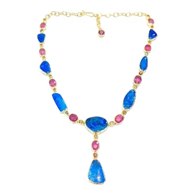 Pre-owned Bochic “capri” Vintage Blue Opal, Ruby & Sapphire Necklace - 18k Gold & Silver