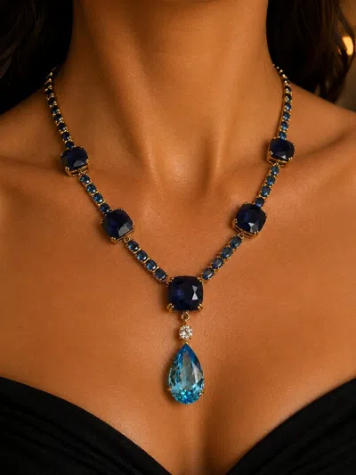 Pre-owned Bochic “capri” Vintage Blue Sapphire & White Topaz Drop Necklace Set In 18k Gol