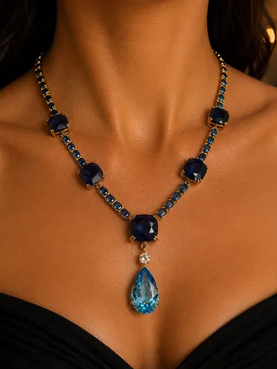 Pre-owned Bochic “capri” Vintage Blue Sapphire & White Topaz Drop Necklace Set In 18k Gol