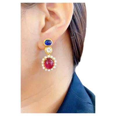 Pre-owned Bochic “capri” Vintage Candy Natural Ruby And Sapphire Drop Earrings 18k, Silver In Blue