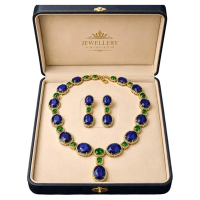 Pre-owned Bochic “capri” Vintage Classic Diamond, Emerald & Sapphire Necklace & Earrings S In Green