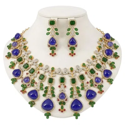 Pre-owned Bochic “capri” Vintage Classic Diamond, Emerald & Taznaznite Necklace Set In Green