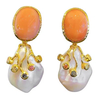 Pre-owned Bochic “capri” Vintage Coral & Fancy Color Sapphire Earrings - 18k Gold & Silver In Red