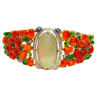 Pre-owned Bochic “capri” Vintage Diamond, Black Opal & Tsevorite Bracelet Set In 18k & Sil