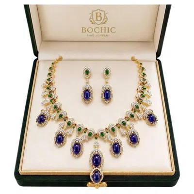 Pre-owned Bochic “capri” Vintage Diamond, Emerald & Tanzanite Necklace & Earrings Set In Green