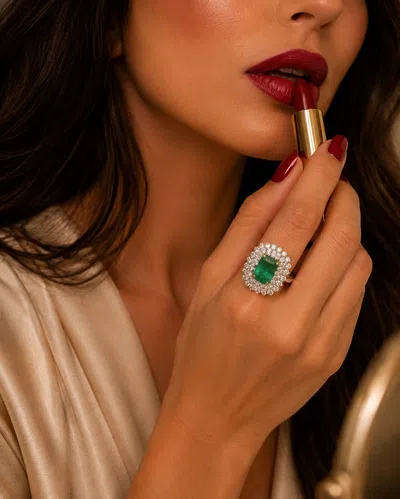 Pre-owned Bochic “capri” Vintage Emerald & Diamonds Cocktail Ring 18k Gold & Silver In Green