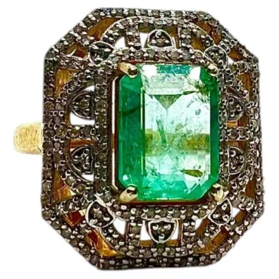 Pre-owned Bochic “capri” Vintage Emerald & Diamonds Cocktail Ring 18k Gold & Silver In Green