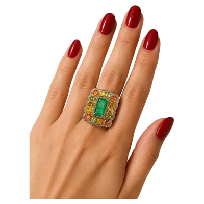 Pre-owned Bochic “capri” Vintage Emerald & Fancy Sapphire Cocktail Ring 18k Gold & Silver In Green