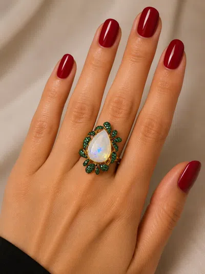 Pre-owned Bochic “capri” Vintage Emerald & Opal Cocktail Ring 18k Gold & Silver In Green