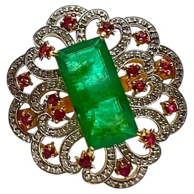 Pre-owned Bochic “capri” Vintage Emerald, Diamond & Ruby Cocktail Ring 18k Gold & Silver In Multi