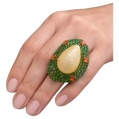 Pre-owned Bochic “capri” Vintage Emerald, Opal & Orange Sapphire Cocktail Ring — 18k Gold