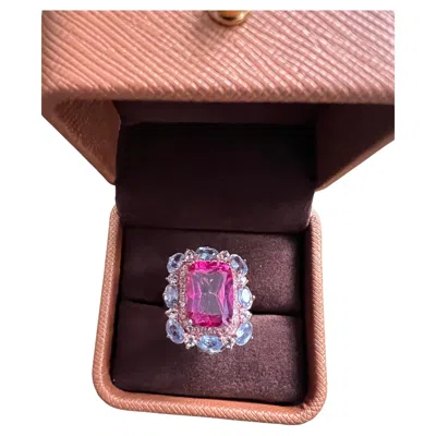 Pre-owned Bochic “capri” Vintage Emerald Pink Topaz, Diamond & Tanzanite Ring Set 18k Gold