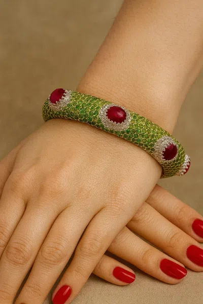Pre-owned Bochic “capri” Vintage Emerald, Ruby & Diamond Bangle Set In 18k Gold & Silver In Multi