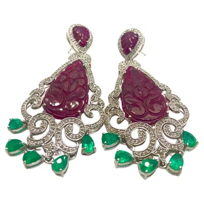 Pre-owned Bochic “capri” Vintage Emerald, Ruby & Diamond Earrings Set In 18k Gold & Silv In Multi
