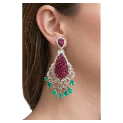 Pre-owned Bochic “capri” Vintage Emerald, Ruby & Diamond Earrings Set In 18k Gold & Silv In Multi