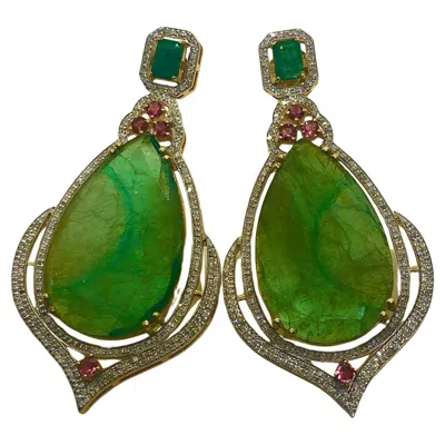 Pre-owned Bochic “capri” Vintage Emerald, Tourmaline & Diamond Earrings Set In 18k Gold & In Multi