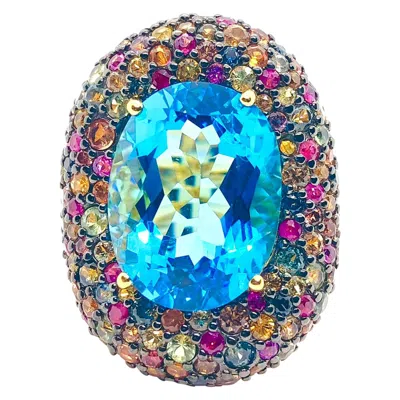 Pre-owned Bochic “capri” Vintage Fancy Sapphires & Blue Topaz Cocktail Ring — 18k Gold & S