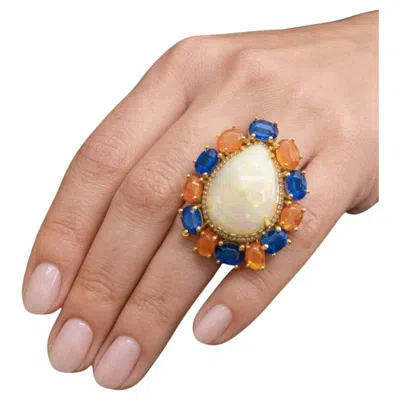 Pre-owned Bochic “capri” Vintage Fire Opal, Kyanite & Diamond Cocktail Ring - 18k Gold & S In Multi