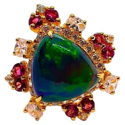 Pre-owned Bochic “capri” Vintage Green Opal & Pink Tourmaline Ring — 18k Gold & Silver