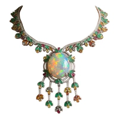 Pre-owned Bochic Capri Vintage Italian Fire Opal, Emerald, Sapphire & Diamond Necklace In Blue