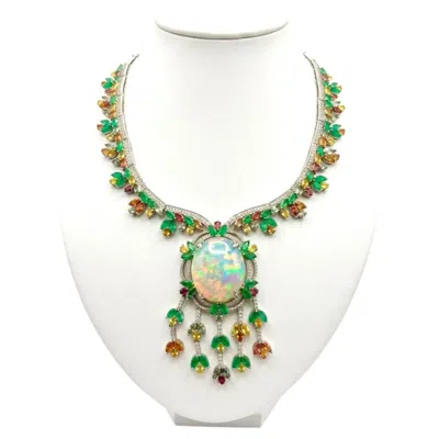 Pre-owned Bochic Capri Vintage Italian Fire Opal, Emerald, Sapphire & Diamond Necklace In Blue