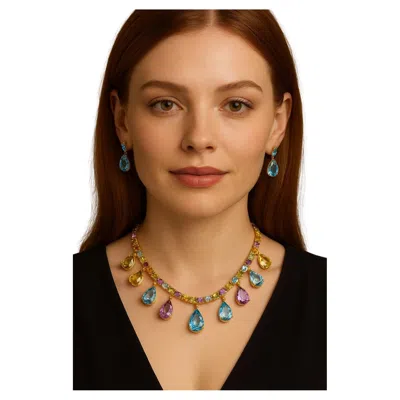Pre-owned Bochic “capri” Vintage Multi Color Gem Necklace Set In 18k & Gold Silver