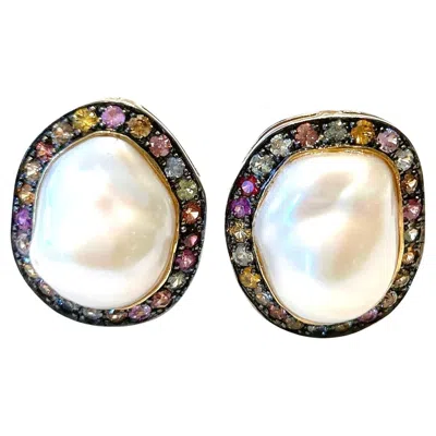 Pre-owned Bochic “capri” Vintage Multi Sapphire & Pearl Earrings Set In 18k Gold & Silver In Blue