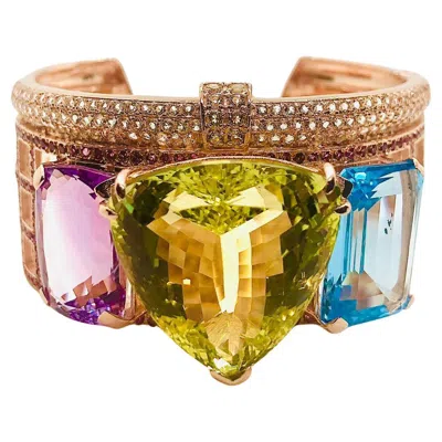 Pre-owned Bochic ‘capri' Vintage Natural Amethyst, Lemon Topaz & Blue Topaz Bangle In 18k In Purple