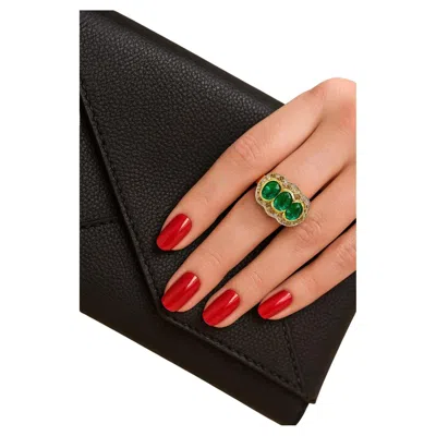 Pre-owned Bochic “capri” Vintage Natural Diamond & Emerald Retro Ring Set In 18k Gold & S In Green