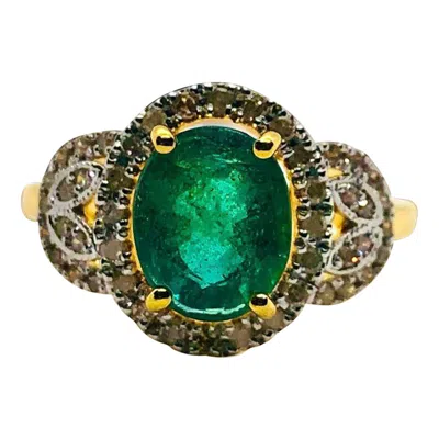 Pre-owned Bochic “capri” Vintage Natural Diamond & Emerald Retro Ring Set In 18k Gold & Si In Green