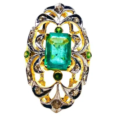 Pre-owned Bochic “capri” Vintage Natural Diamond & Emerald Vintage Retro Ring Set In 18k In Green