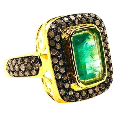 Pre-owned Bochic “capri” Vintage Natural Diamond & Emerald Vintage Retro Ring Set In 18k In Green