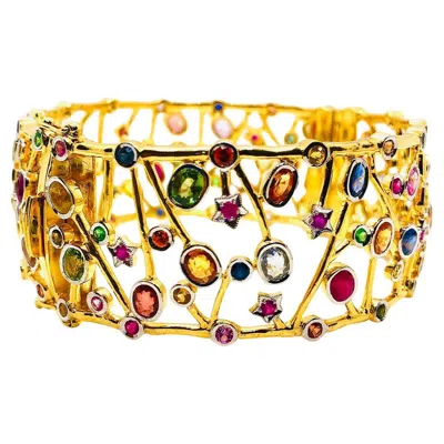 Pre-owned Bochic “capri” Vintage Natural Multi Sapphire Cuff Set In 18k Gold & Silver In Blue