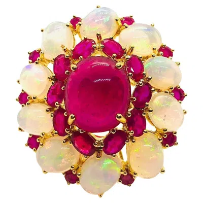 Pre-owned Bochic “capri” Vintage Natural Ruby & White Opal Retro Ring Set In 18k Gold & S