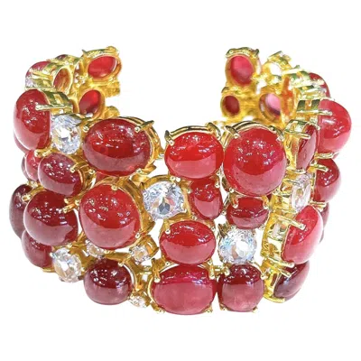 Pre-owned Bochic “capri” Vintage Natural Ruby & White Topaz Cuff Set In 18k Gold & Silver