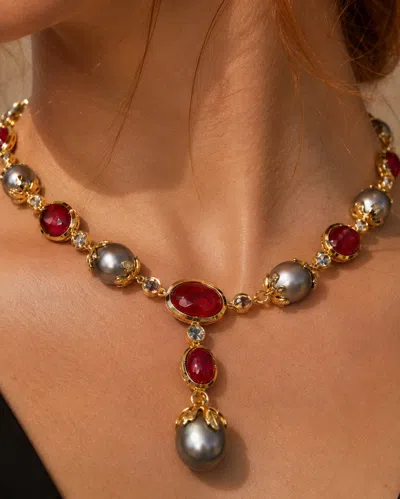 Pre-owned Bochic “capri” Vintage Natural Ruby, Pearl & Sapphire Necklace 18k Gold & Silver In Blue