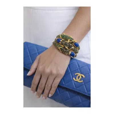 Pre-owned Bochic ‘capri' Vintage Natural Ruby, Sapphire & Emerald Cuff In 18k Gold & Silve In Green