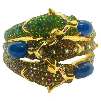 Pre-owned Bochic ‘capri' Vintage Natural Sapphire, Ruby & Emerald Cuff 18k Gold & Silver In Green