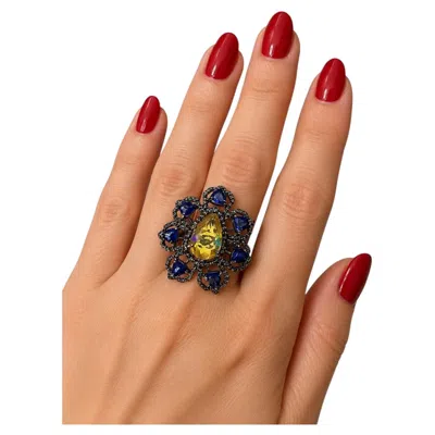 Pre-owned Bochic “capri” Vintage Opal, Diamond & Tanzanite Cocktail Ring 18k Gold & Silver In Multi