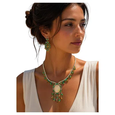 Pre-owned Bochic Capri Vintage Opal, Emerald, Sapphire & Diamond Necklace, Earrings Suite In Blue