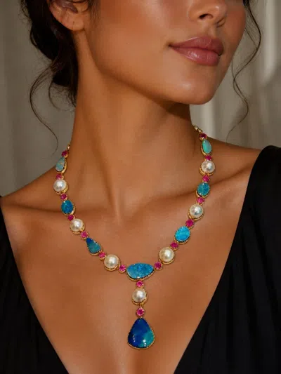 Pre-owned Bochic “capri” Vintage Opal, Natural Ruby & Pearl Necklace 18k & Silver In Multi