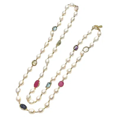Pre-owned Bochic “capri” Vintage Pearl, Ruby, Sapphire, Aquamarine, & Mix Gems Necklace In Multi