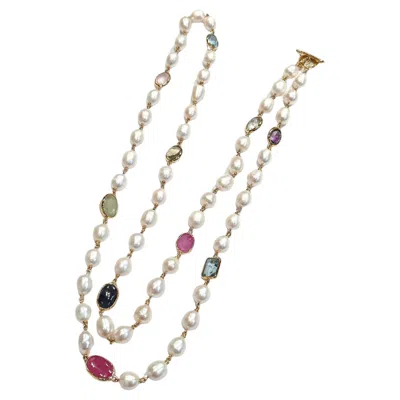 Pre-owned Bochic “capri” Vintage Pearl, Ruby, Sapphire, Aquamarine, & Mix Gems Necklace In Multi